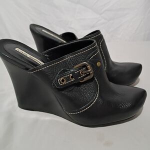 Via Spiga Black Leather Wedge Mules